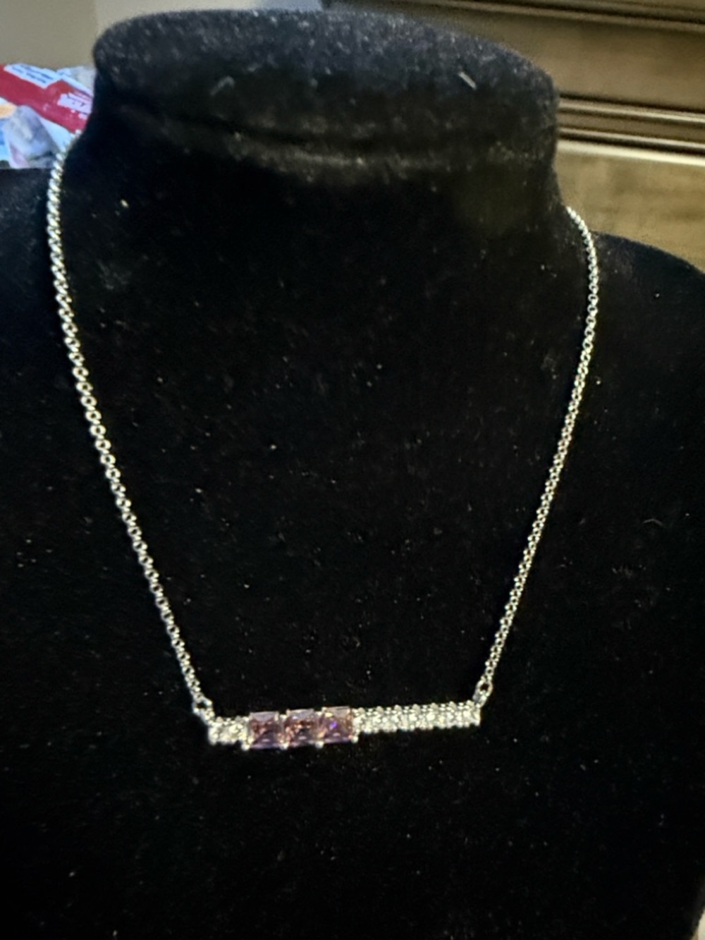 BP Delicate Sterling Silver Bar Necklace with Pink Stones -